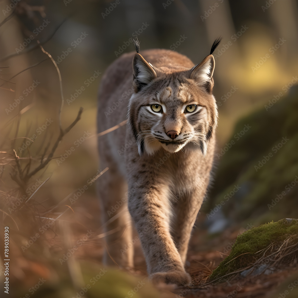 Obraz premium The Regal Gait of the Eurasian Lynx Amidst Untamed Landscapes