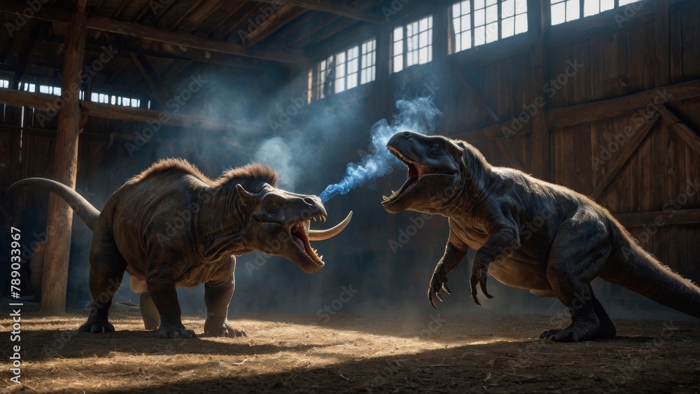 Fototapeta premium Epic Dinosaur Showdown in Barn