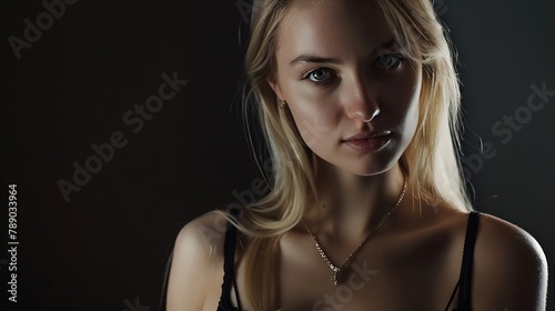 Attractive blonde woman in a black silk tank top and neck jewelry : Generative AI photo