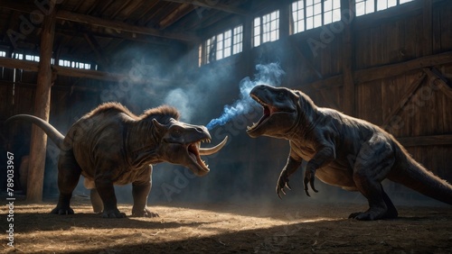 Epic Dinosaur Showdown in Barn