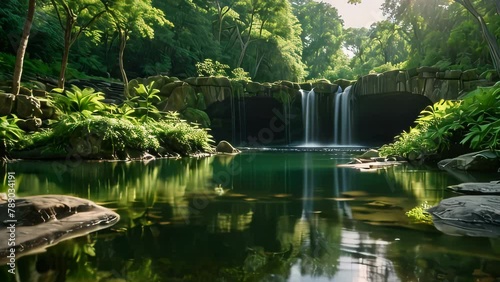 Video animation of  waterfall setting, likely in a tropical environment. Two waterfalls gracefully descend into a serene pool, reflecting the lush greenery and sky photo