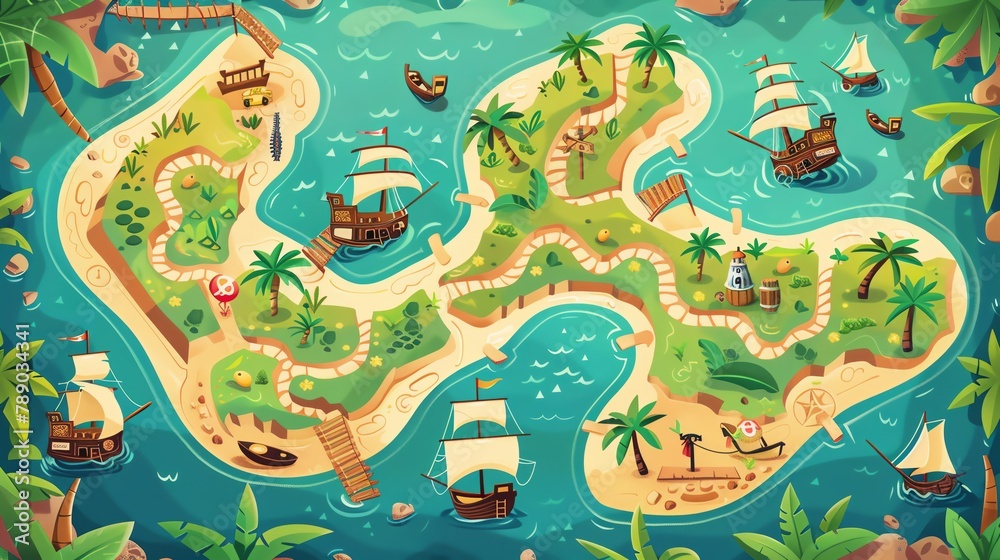 Pirate treasure map maze, with islands and ships, start to treasure ...