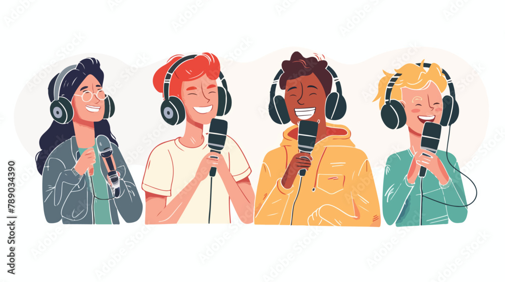 Set of Four cartoon smiling people listening and reco