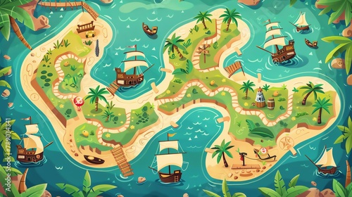 Pirate treasure map maze, with islands and ships, start to treasure finish, engaging vector board game for kids