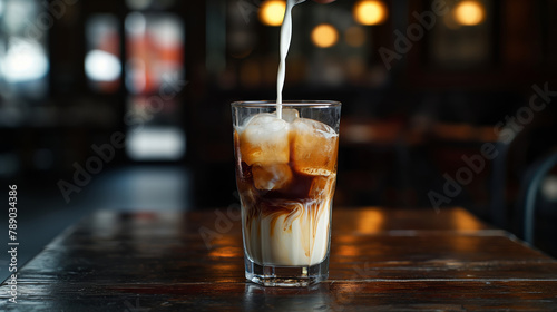 Cold coffee in a glass with milk being poured into it on a wooden table.