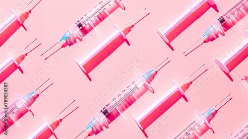 Creative medicinal pattern from syringes of pink background Colorful concept of New Corona virus 2019nCoV or COVID19 vaccine Flat lay top view copy space : Generative AI photo