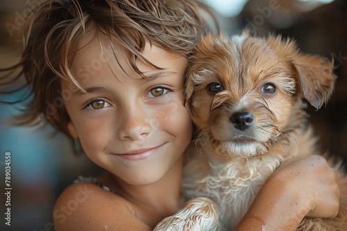 Close-up portrait of a happy little boy with a puppy