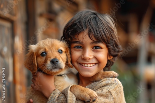 Hindu happy little boy hugging with puppy