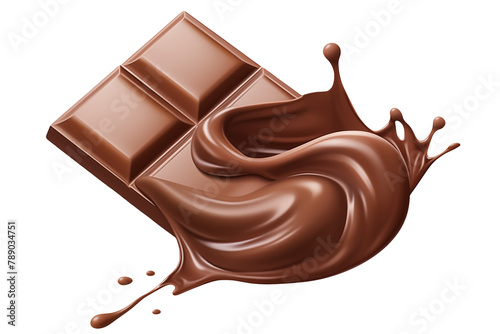 A piece of chocolate with a splash isolated on a transparent background.