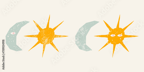Contemporary illustration with textured moon and sun. Vector print, postcard, design element