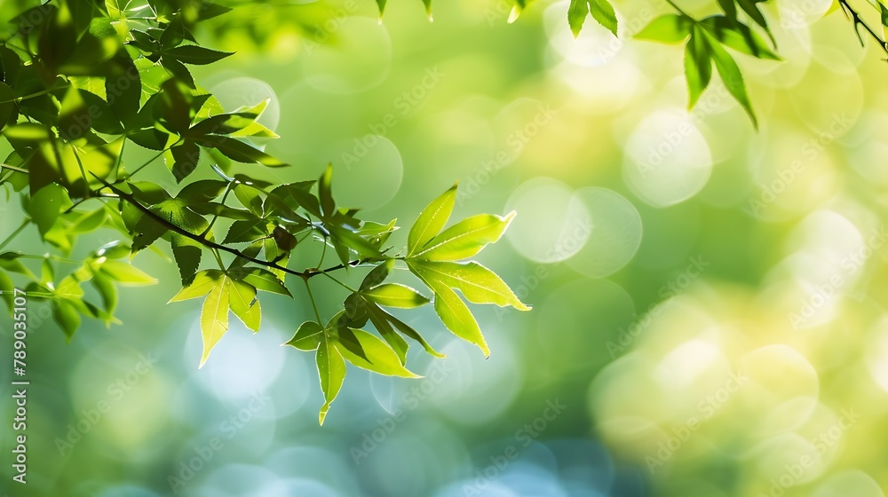 green tree leaves closeup on blurred bokeh background : Generative AI green tree leaves closeup on blurred bokeh background : Generative AI