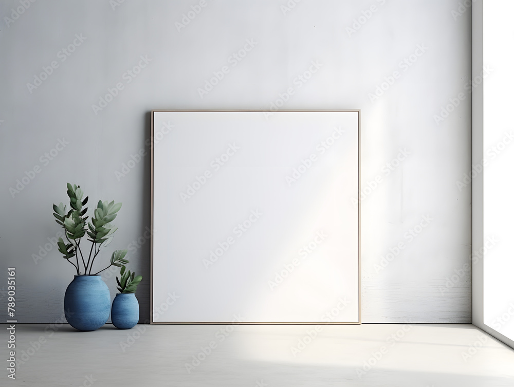 Empty wooden picture frame or mock-up frame by a window with natural sunlight and with lively plants in small vases on the floor.
