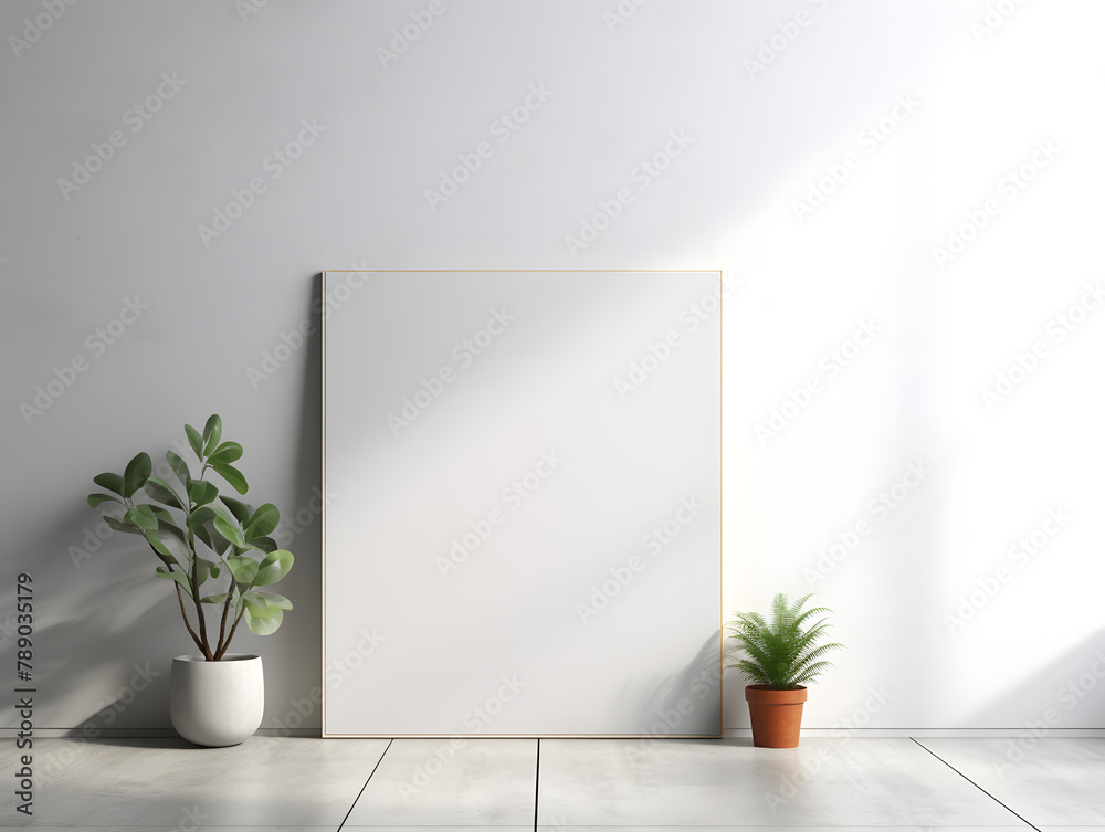 Empty wooden picture frame or mock-up frame by a window with natural sunlight and with lively plants in small vases on the floor. Empty wooden picture frame or mock-up frame by a window with natural sunlight and with lively plants in small vases on the floor.