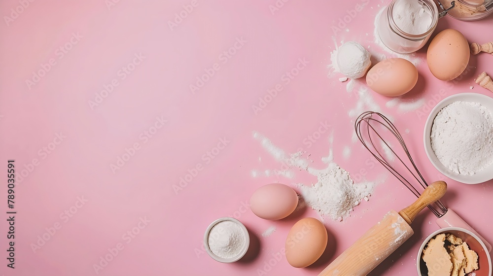 Empty space baking background with bakery ingredients flour milk eggs ...