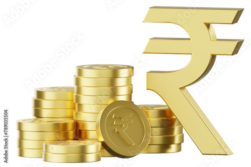3D rendering of a golden Indian Rupee symbol (₹) standing beside stacks of golden coins, all on a golden background. photo