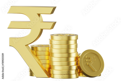 3D rendering of a golden Indian Rupee symbol (₹) standing beside stacks of golden coins, all on a golden background.
