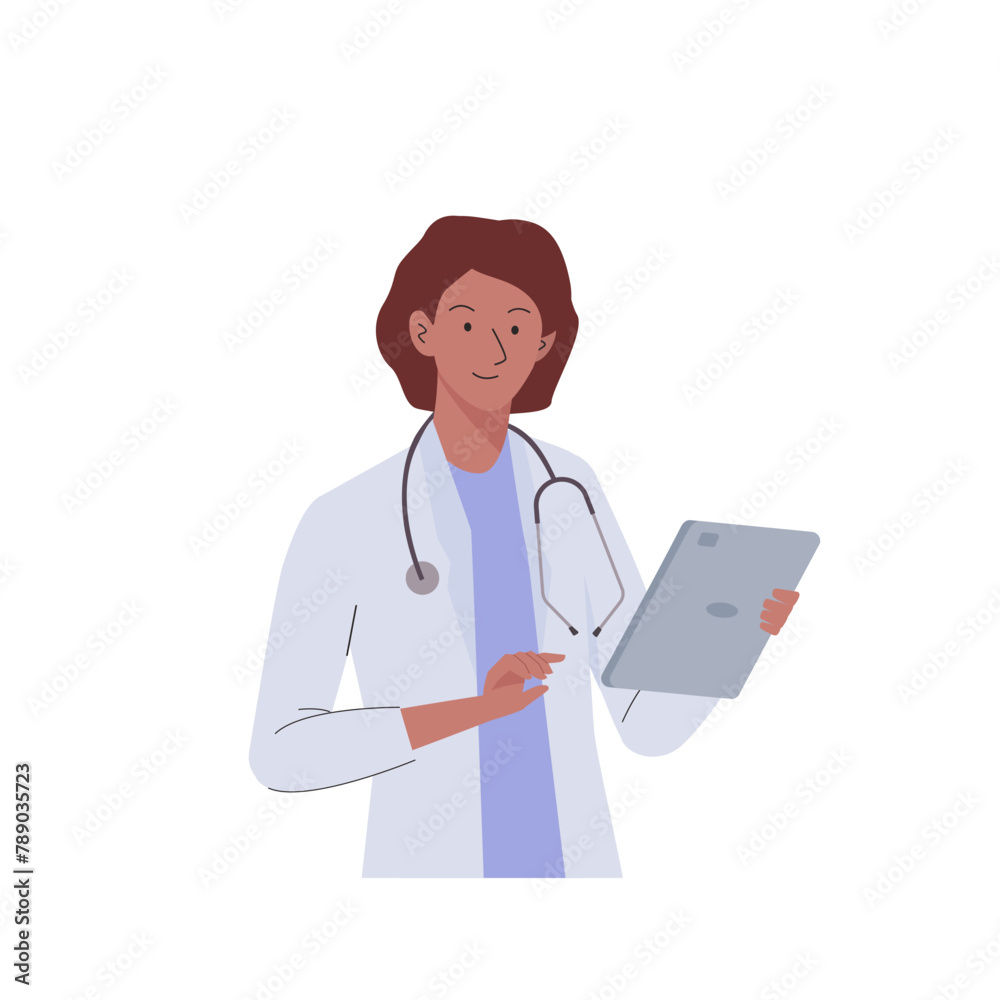 Woman doctor with stethoscope works with tablet. Medic consultation and diagnosis Woman doctor with stethoscope works with tablet. Medic consultation and diagnosis