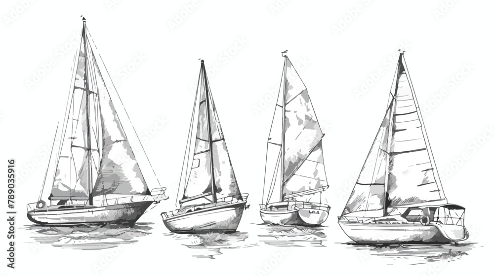Set of Four different isolated doodle ships yachts bo