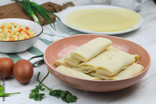 Risoles Ragout or Indonesian traditional snack  made from crepe skin filled with vegetables potato  carrot and bread crumbs  deep fry.  