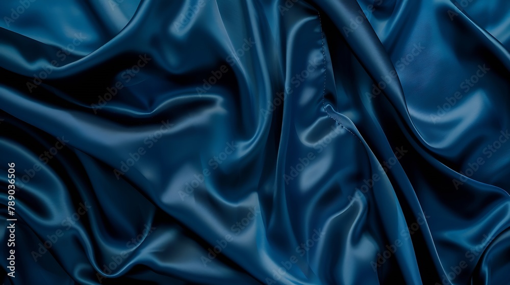 Obraz premium Dark blue silk satin Soft folds Fabric Navy blue luxury background Space for designWavy linesBanner WideLong Flat lay top view table Beautiful Elegant Birthday Christmas Valentines Day : Generative AI