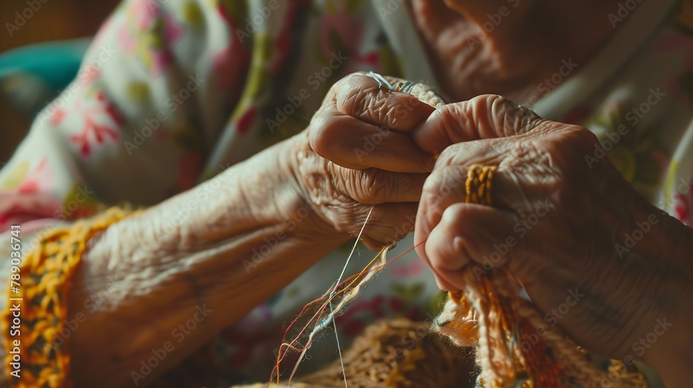 Close up of old mature woman hands working with crochet and sewing thread Elderly indoor home leisure activity concept lifestyle Unrecognizable senior female people in hobby active lif : Generative AI