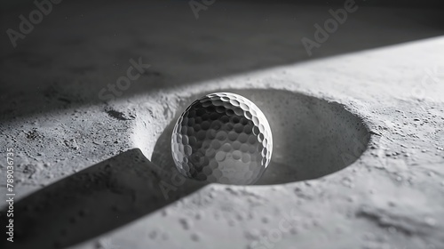 Super slow motion of golf ball falls into the hole at the camera view inside the hole closeup : Generative AI photo