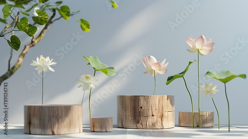Front view of some lotus flowers Nelumbo nucifera standing beside wooden podiums and tree branch Concept of minimalism : Generative AI