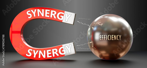 Synergy attracts Efficiency. A metaphor showing synergy as a big magnet attracting efficiency. Analogy to demonstrate the importance and strength of synergy. ,3d illustration