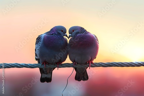 Love birds on a wire. Two pigeons love birds sitting on a wire . photo