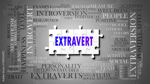 Extravert as a complex subject, related to important topics. Pictured as a puzzle and a word cloud made of most important ideas and phrases related to extravert. ,3d illustration