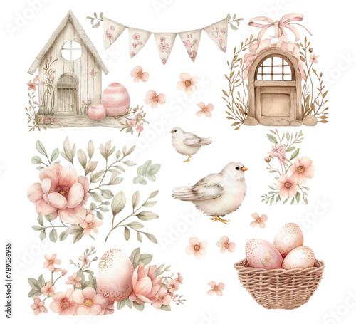 Spring set, hand drawn elements- flowers, birds, wreaths, quotes and other. Perfect for scrapbooking, greeting card, party invitation, poster, tag, sticker kit.