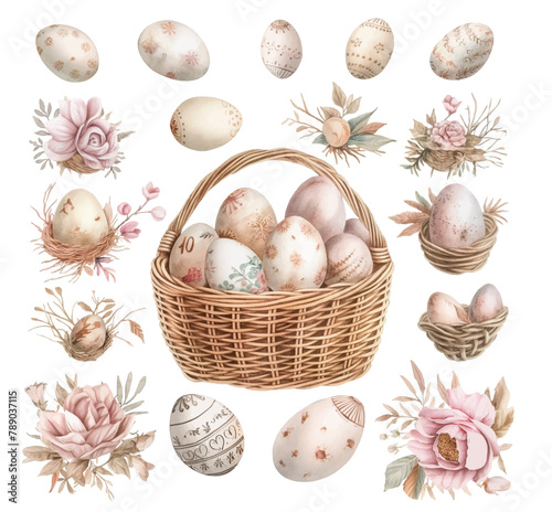 Delicate watercolor set for Easter, eggs in a basket, vector illustration of a fabirge egg for Easter © Katisko