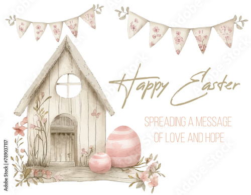 Happy Easter watercolor cards set with cute Easter rabbit, eggs, spring flowers in pastel colors on light green, soft pink and beige background. Easter watercolor posters, covers © Katisko