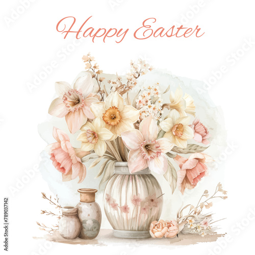 Easter posters or flyers design set with colorful eggs and spring flowers. Vector illustration. © Katisko