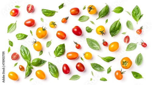 flat lay composition of various colorful tomatoes and basil leaves isolated on white background top view   Generative AI