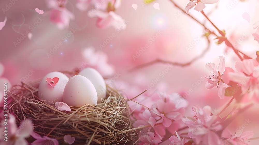 eggs in nest spring cherry flowers cross and heart on abstract pink background symbol of Easter holiday festive spring season template for design flat lay banner copy space : Generative AI eggs in nest spring cherry flowers cross and heart on abstract pink background symbol of Easter holiday festive spring season template for design flat lay banner copy space : Generative AI