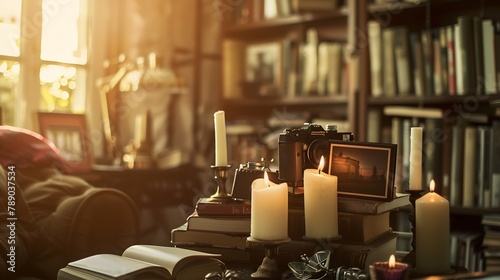 Stylish composition of elegant personal accessories at private library interior with bookstand and vintage table Retro home decor Candles photo camera and a lot of books Template Close : Generative AI photo