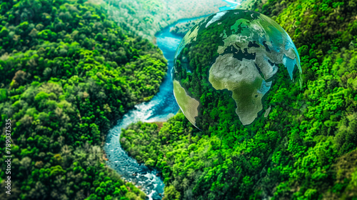 Earth day design with forest, river and transparent 3D world globe. Save our planet illustration, concern for environment and global warming concept 