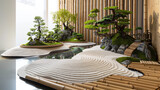 A Japanese-inspired Zen desk made from bamboo and rice paper, featuring bonsai trees and a tranquil rock garden, promoting a sense of calm and balance