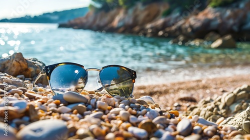 Sun glasses lie on a beach near the sea
