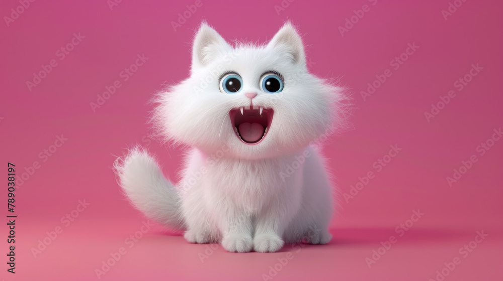 3d render of cartoon character happy white cat sitting on pink background. cute pet with big eyes and open mouth, fluffy fur. 