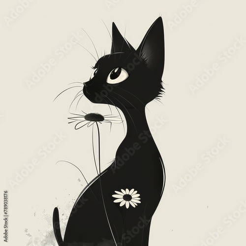 drawing of a black oriental cat with a daisy