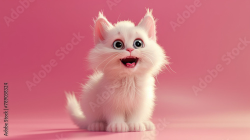 3d render of cartoon character happy white cat sitting on pink background. cute pet with big eyes and open mouth, fluffy fur.  © Rangga Bimantara