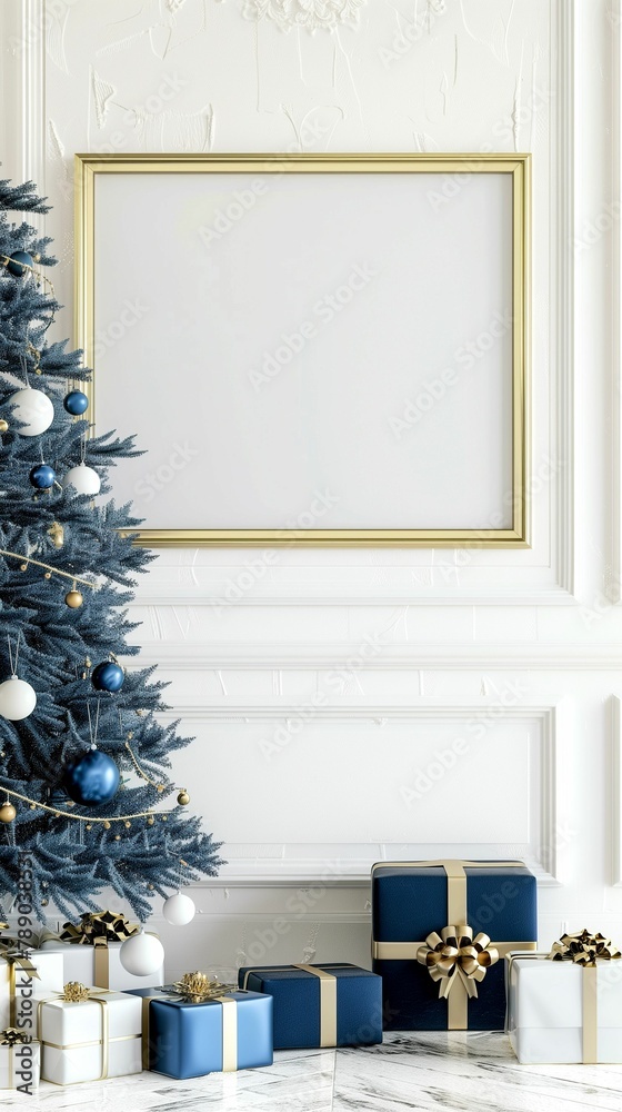 Photo of a blank horizontal silver frame on a white wall with modern Christmas decorations and a blue Christmas tree