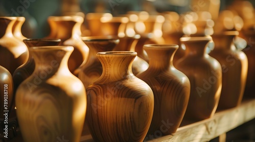 Close up many groups of handmade wooden vase stock on the shelf at the vase store Vase stock is ready for delivery for online customers on the shelf for souvenirs or home decoration : Generative AI