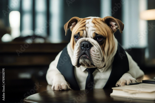 British Pretending Bulldog Sad Looking Businessman humor finance obedient table business no people spectacle animal pet document calculating machine kitchen horizontal © mohamedwafi