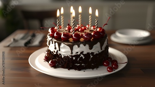 Chocolate cake with cherries on a white plate with burning candles