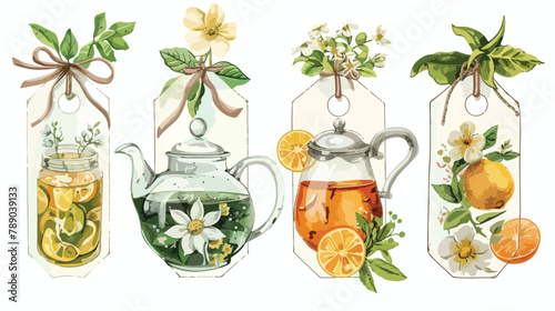 Set of Four labels or tags with elegant glass teapot