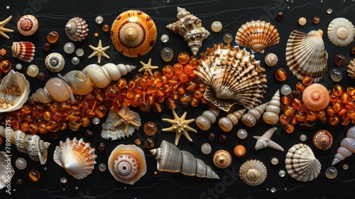 On a sleek black plywood surface a delightful assortment of amber and coral beads mingle with shells and stones collected from various seas and regions