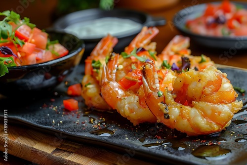 King prawn with vegetable tempura and saffron, served with tomato salsa placed on black platter .